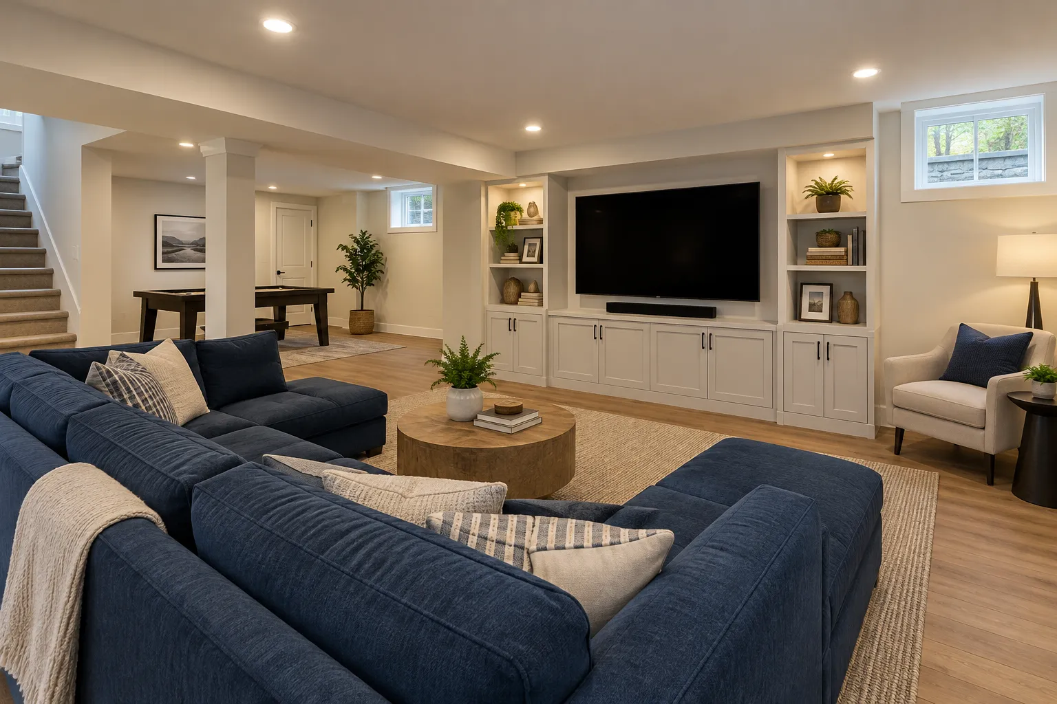 AI-generated basement concept with a recreation area, oak flooring, and built-in media storage