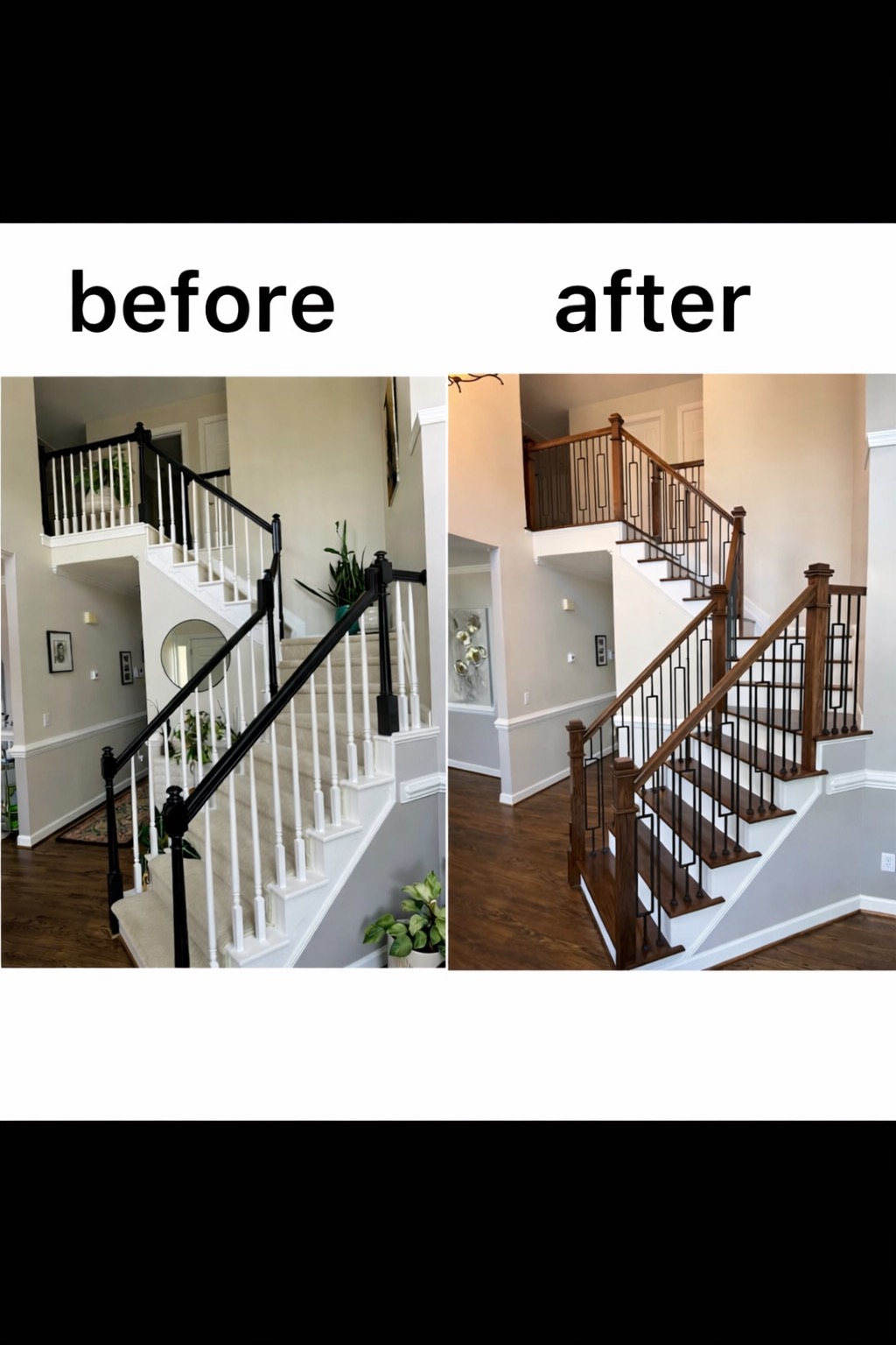 Before and after comparison of a staircase remodel