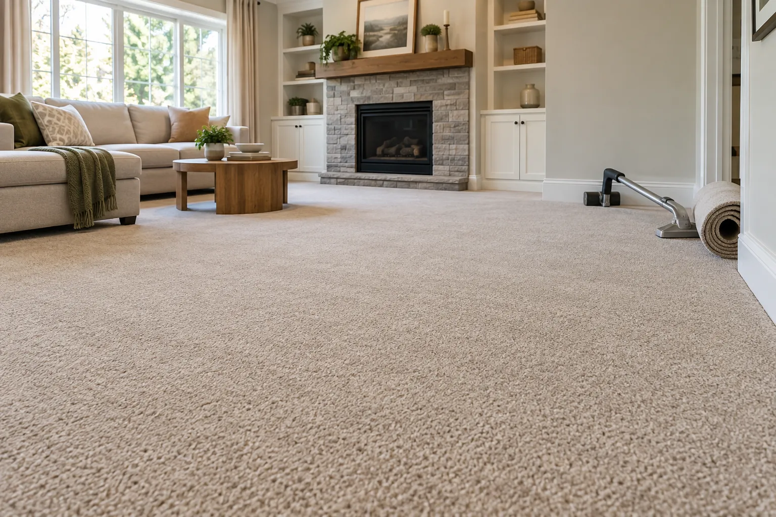 AI-generated illustration: Smooth fitted carpet with carpet installation tools