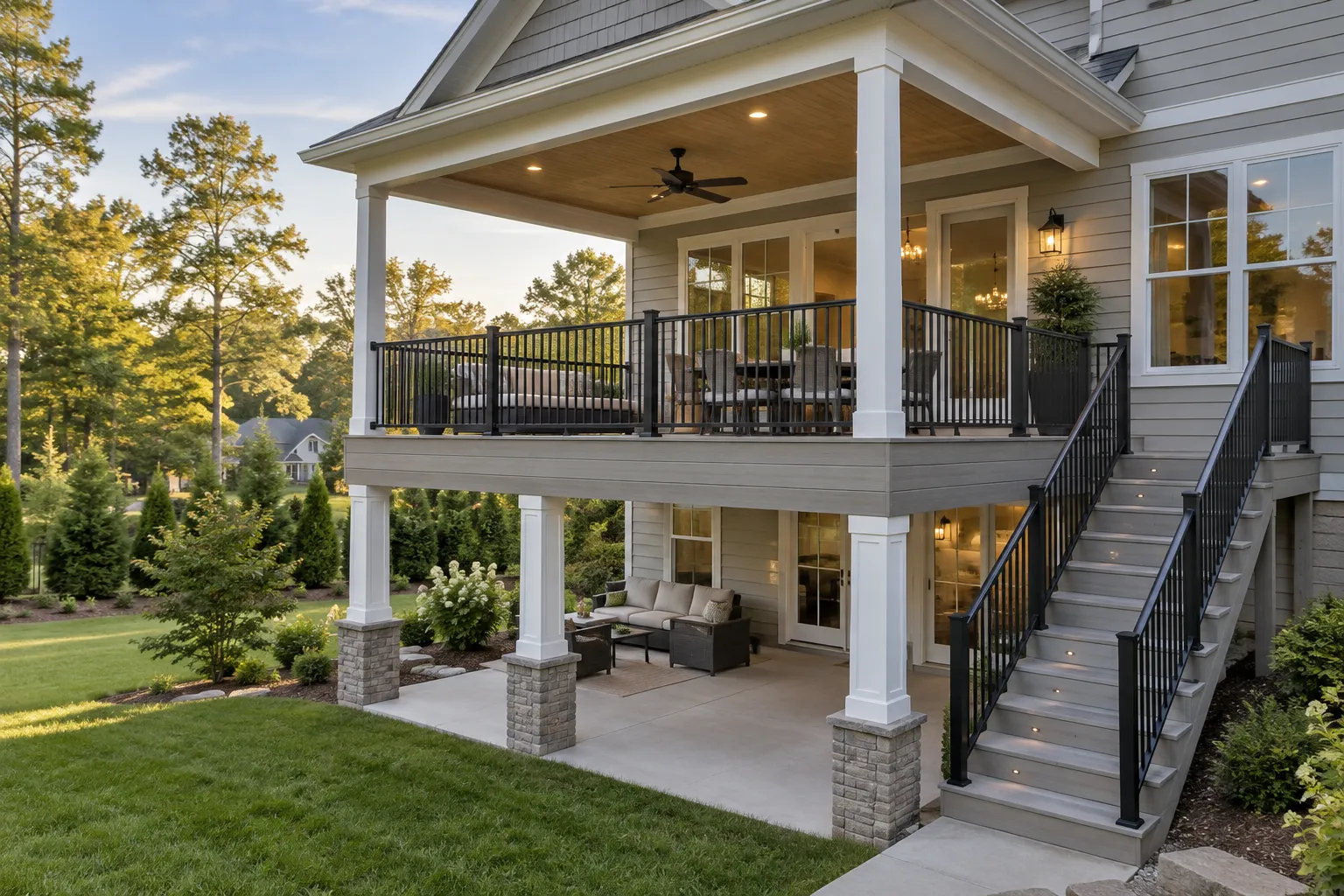 AI-generated illustration: Composite deck with metal railing and sheltered patio below