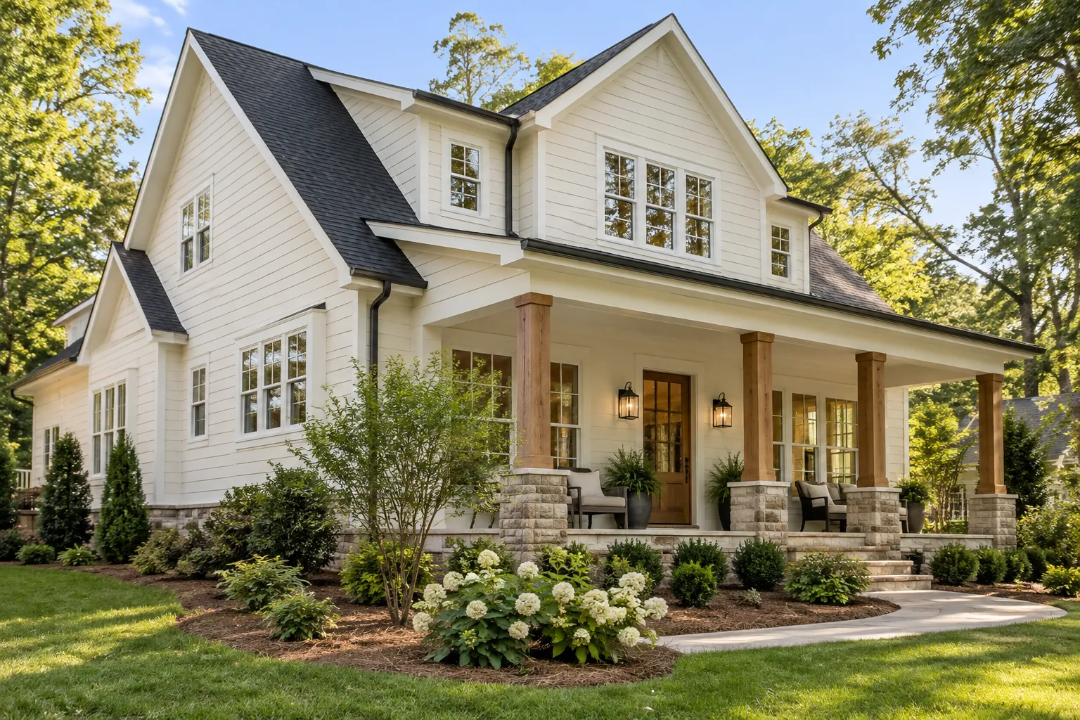 AI-generated illustration: House exterior with painted siding, window trim and front porch