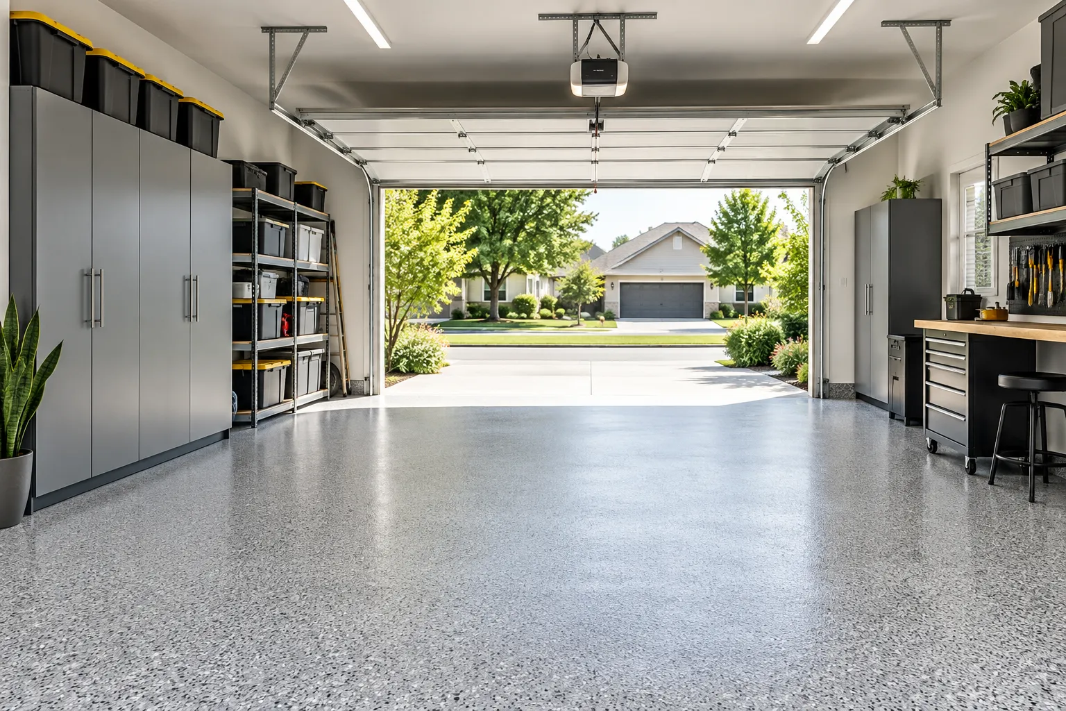 AI-generated illustration: Organized garage with epoxy floor, workbench and storage
