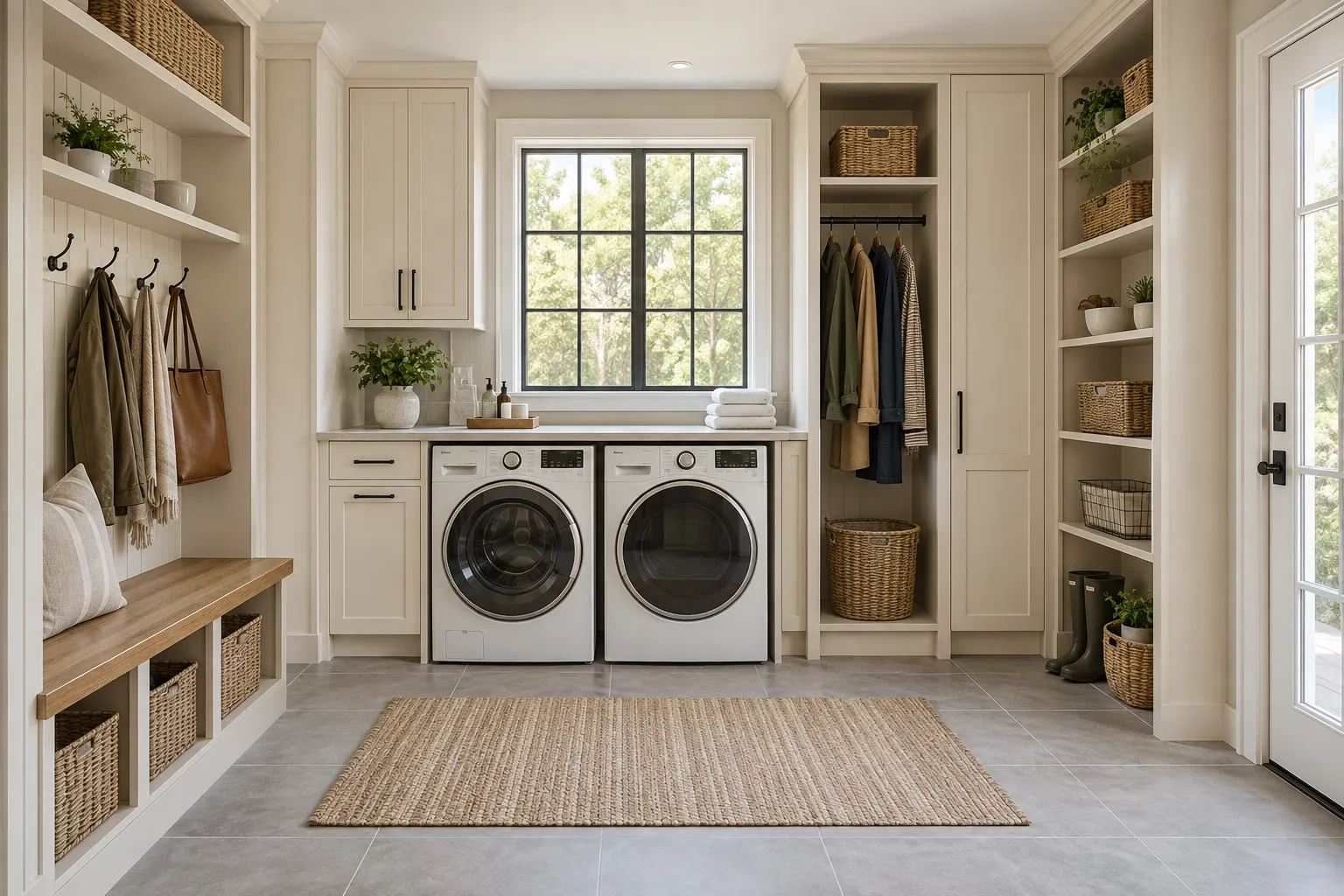 AI-generated illustration: Laundry and mudroom with folding counter, coat storage and built-in bench