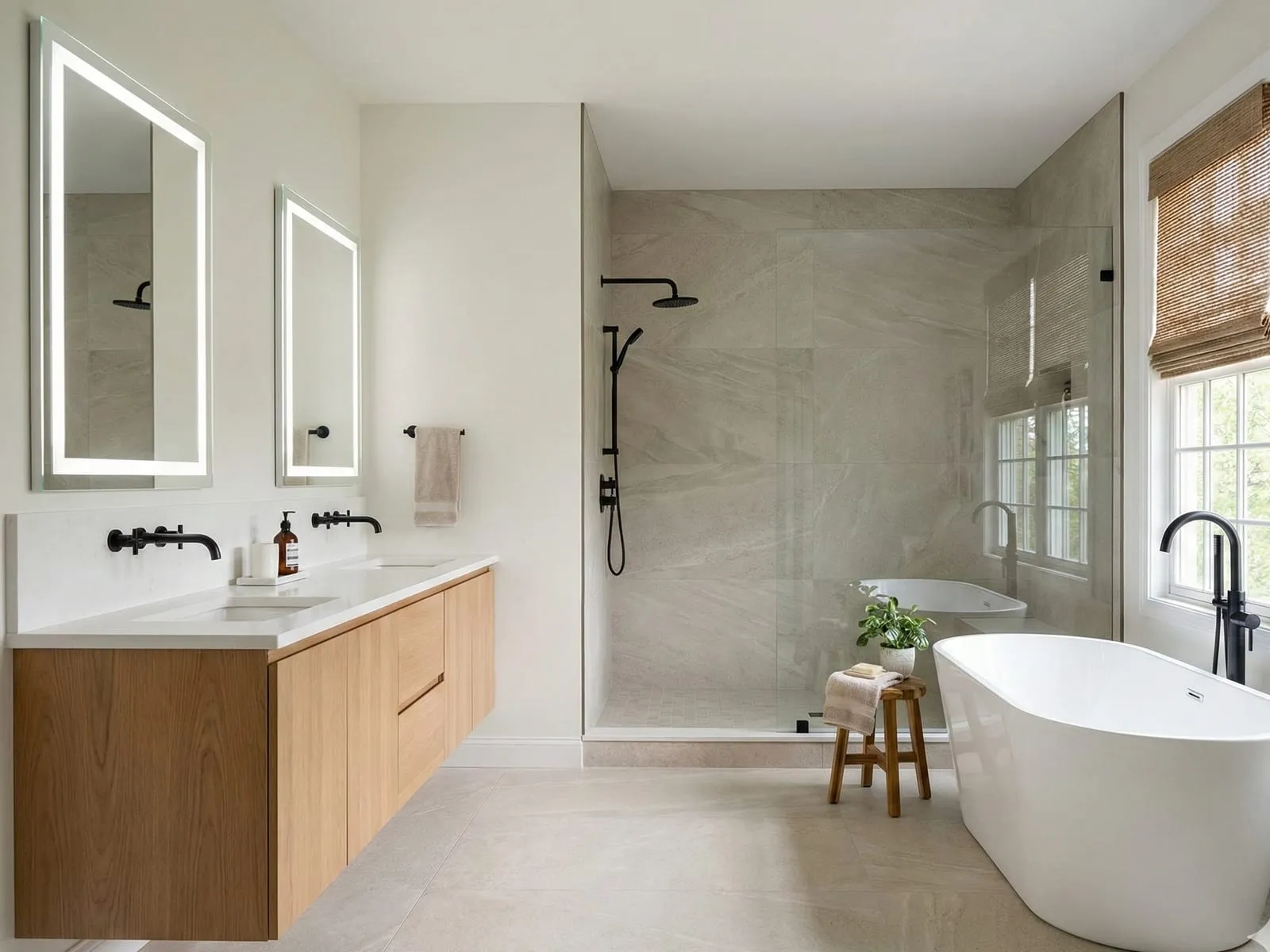 Modern master bathroom remodel with floating oak vanity and freestanding tub