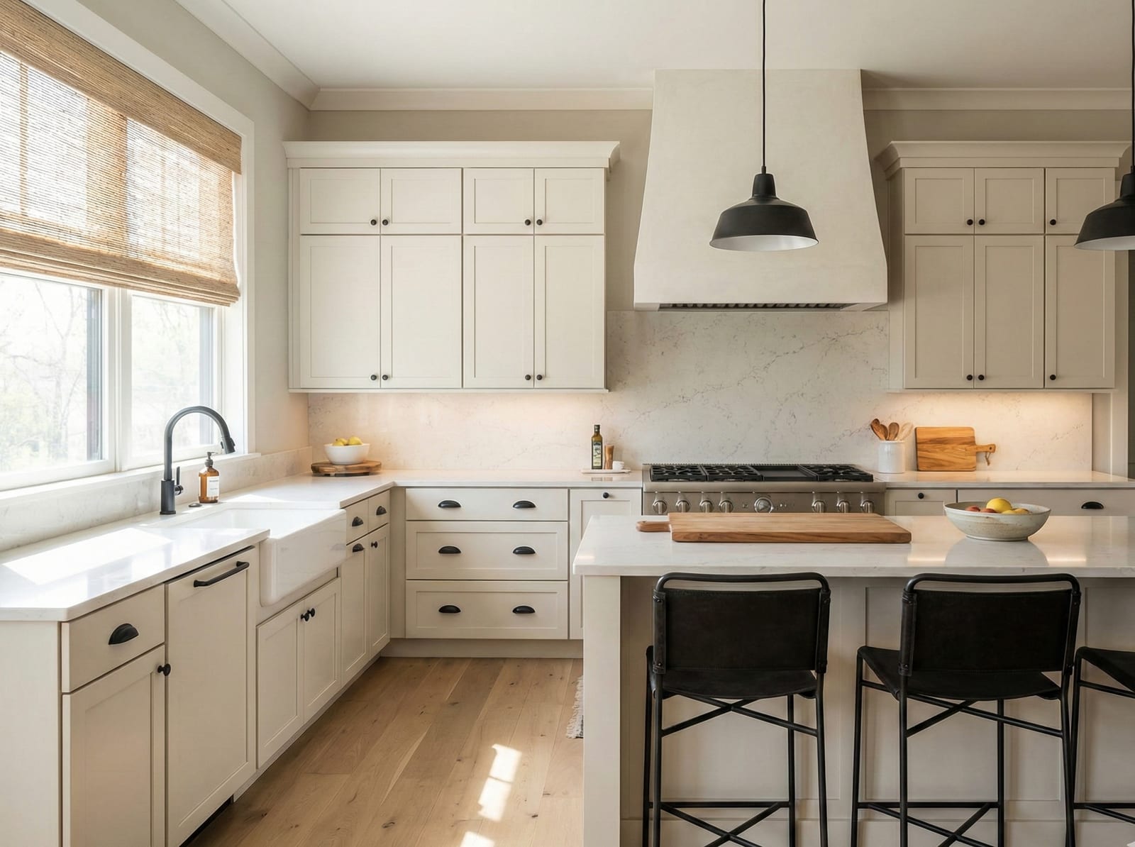 White shaker kitchen with quartz island in Raleigh