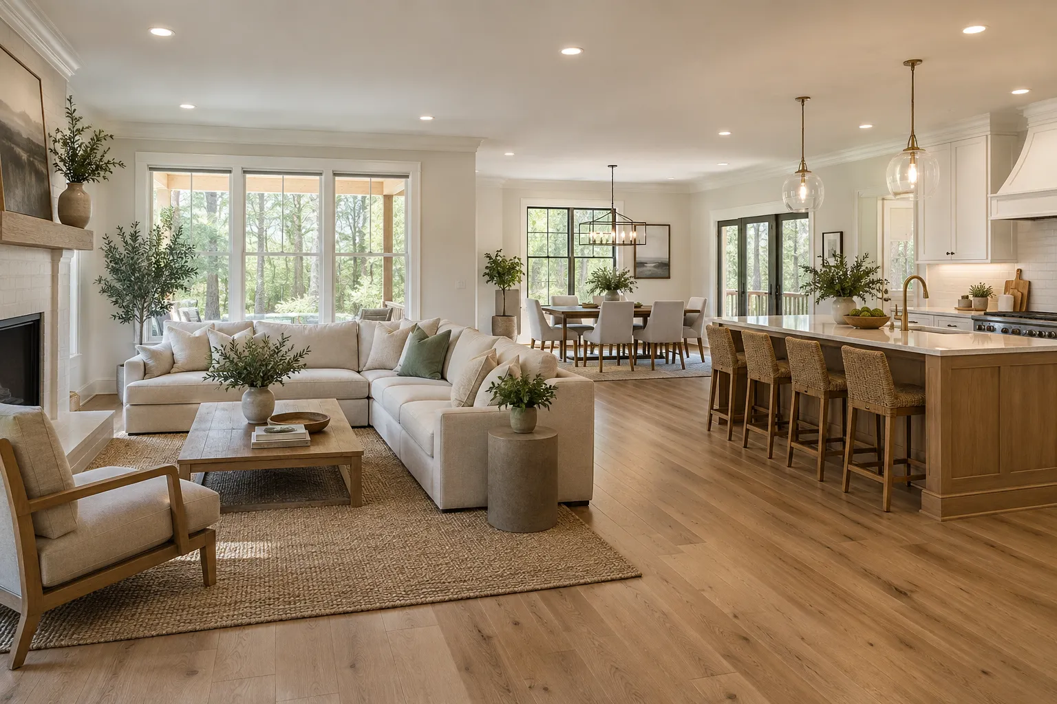 AI-generated concept of connected living, dining and kitchen spaces